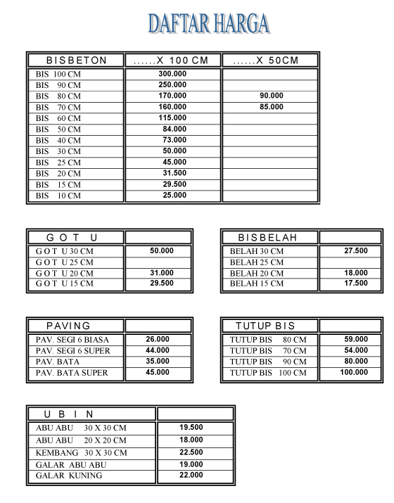 Daftar harga buis/bis beton / GORONG-GORONG di berbagai 