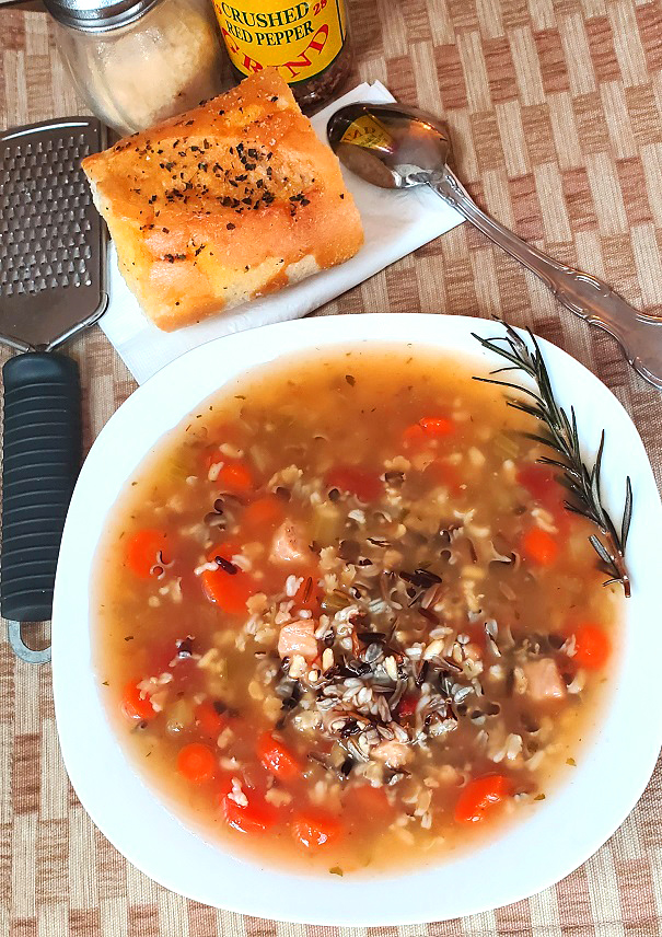 chicken and wild rice soup with garlic bread
