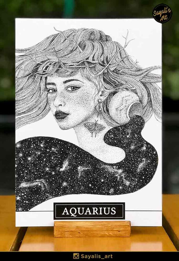11-Aquarius-Zodiac-Stippling-Drawing-Sayali-Horambe-www-designstack-co
