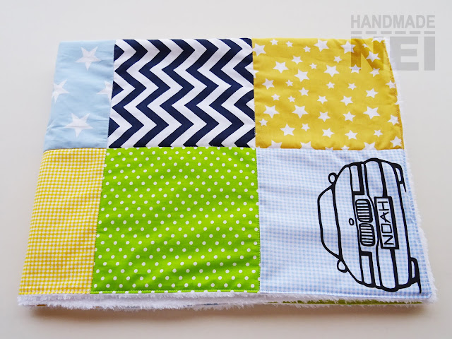 Handmade Nel: Пачуърк одеяло с полар за бебе "Синьо, тъмно синьо, жълто и зелено"
