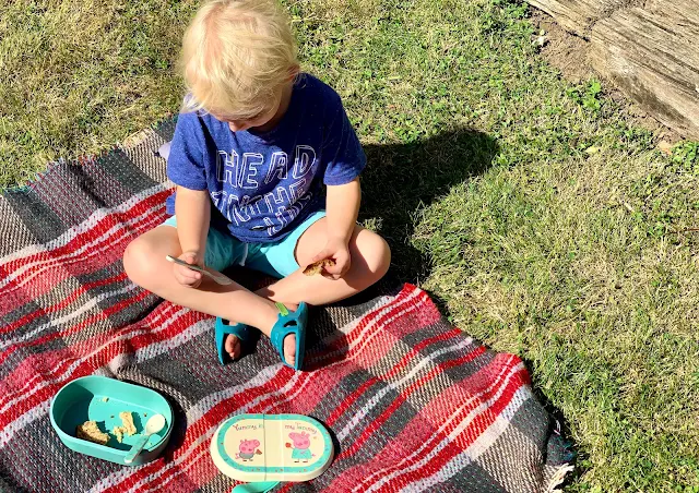 A child sitting on a picnic blanket with a lunch box in front of them