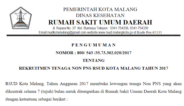  Informasi lowongan kerja terbaru bulan April kali ini bersumber dari Rumah Sakit Umum Dae Rekruitmen Tenaga Non PNS RSUD Kota Malang Besar Besaran Tahun 2017