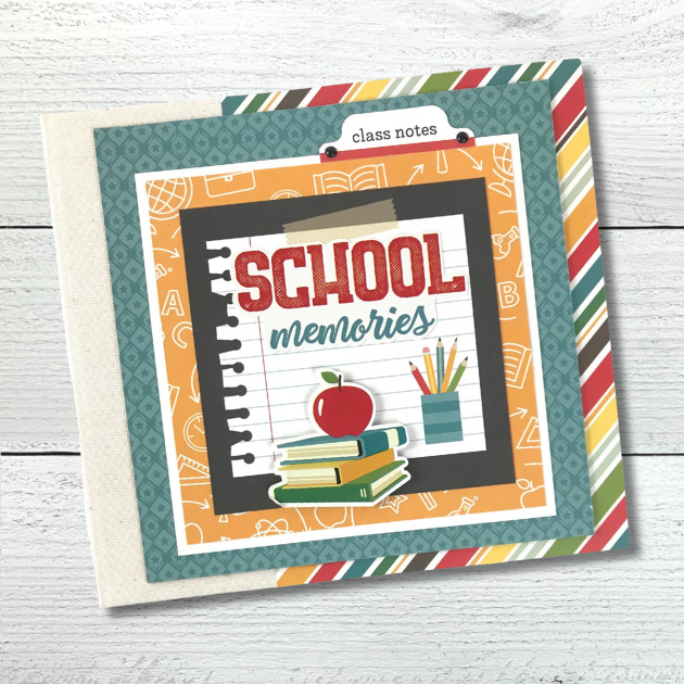 School Memories Scrapbook Album with books, an apple, and lots of cute supplies