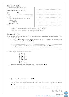devoir de contrôle 3 informatique 3ème année technique