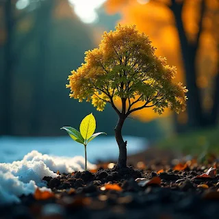 A time-lapse image showing a seedling sprouting and growing into a strong oak tree over a year. The background transitions from winter snow to summer foliage.