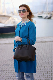 Givenchy Antigona bag, Zara blue statement necklace, Sapphire blue coat, Fashion and Cookies, fashion blogger