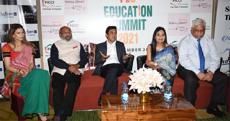 Manjot Dhillon, Chairperson FICCI FLO Amritsar and panelists talking to media after education summit 2021. Photo by Nannu Sudio