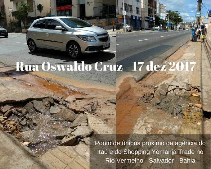 Na rua Oswaldo Cruz vazamento de água e cratera em passeio dificultam a vida dos transeuntes