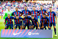 F. C. BARCELONA. Temporada 2022-23. Ter Stegen, Koundé, Ronald Araújo, Lewandowski, Busquets y Eric García. Raphinha, Pedri, Dembélé. Gavi y Balde. F. C. BARCELONA 4 REAL VALLADOLID C. F 0 Domingo 28/08/2022, 19:30 horas. Campeonato de Liga de 1ª División, jornada 3. Barcelona, Spotify Nou Camp: 83.972 espectadores. GOLES: 1-0: 24’, Lewandowski. 2-0: 43’, Pedri. 3-0: 64’, Lewandowski. 4-0: 90+2’, Sergi Roberto.