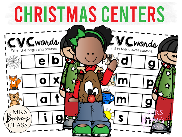 Christmas Holiday Literacy Centers for Kindergarten and First Grade for practice with phonics, CVC words, syllables, rhyme and more