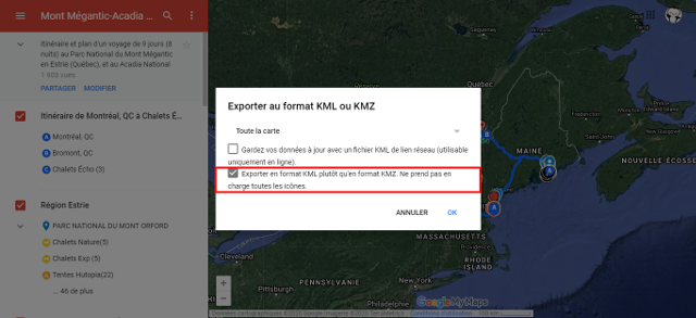 Menu d'une carte MY MAPS | Exportation en format KML