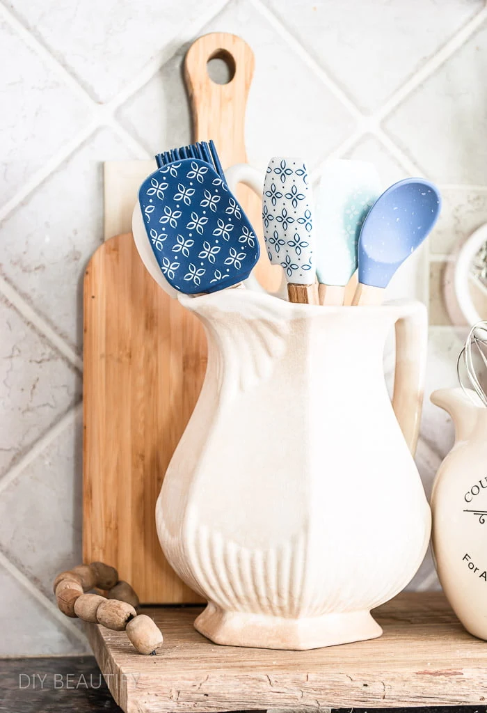 mini kitchen tools in an ironstone pitcher