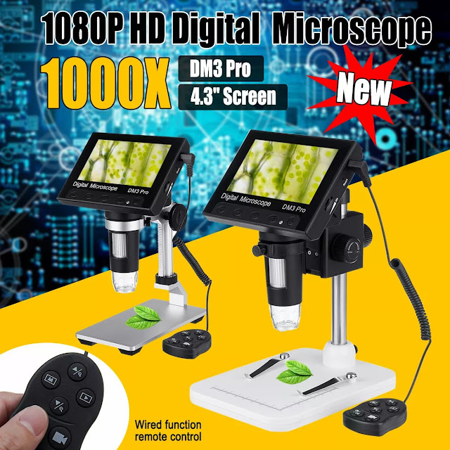 DM3 Pro 1000X 4.3 inch 1080P Remote Control Portable Digital Microscope Magnifier Camera With 8 LED Lights Plastic Base 