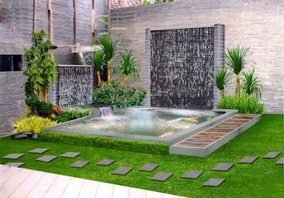 taman rumah minimalis dengan 2 buah air terjun