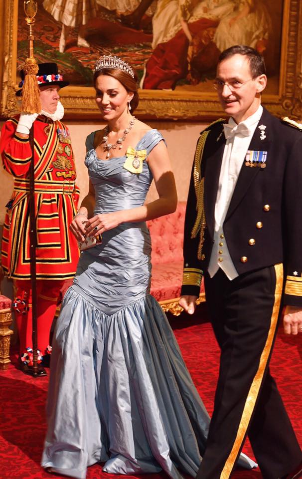 The Duchess of Cambridge wore Alexander McQueen Ice Blue Gown in October 2018 at Netherlands State Banquet.