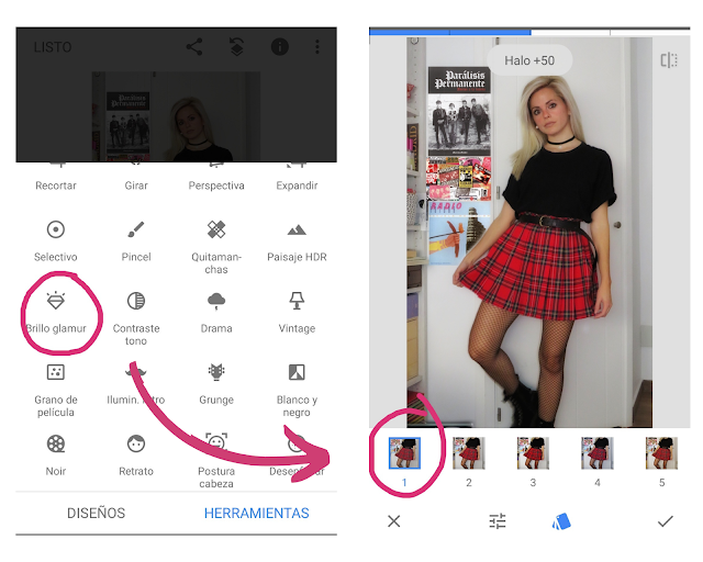 Gráfico de cómo se a editado la imagen en Snpaseed, en la opción brillo glamur con halo en +50