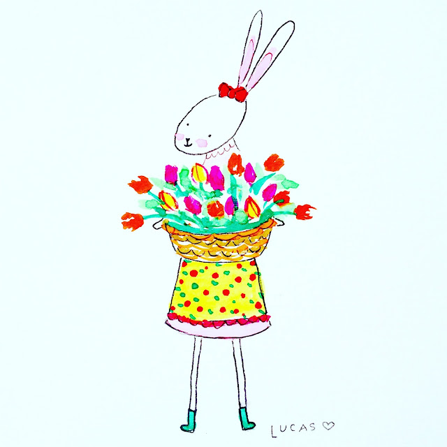Zinnie the Rabbit with Tulips Watercolor | Linzer Lane Blog