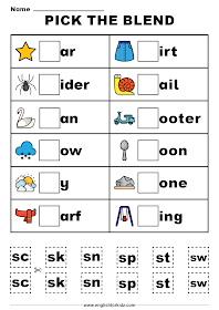 Pick the blend worksheet for young English learners, grade 1