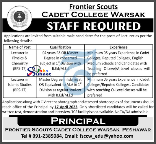 Frontier Scouts Cadet College Warsak | Male Lecturers Jobs 2023