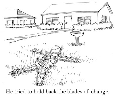 Cartoon of a man spread out on the grass with the caption, "He tried to hold back the blades of change."