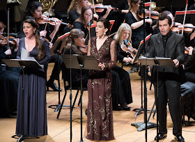 IN PERFORMANCE: Soprano JOÉLLE HARVEY as Inès, mezzo-soprano KATE LINDSEY as Léonor, and baritone JAVIER ARREY as Alphonse in Washington Concert Opera's performance of Gaetano Donizetti's LA FAVORITE in Lisner Auditorium, 4 March 2016 [Photo by Don Lassell, © by Washington Concert Opera]