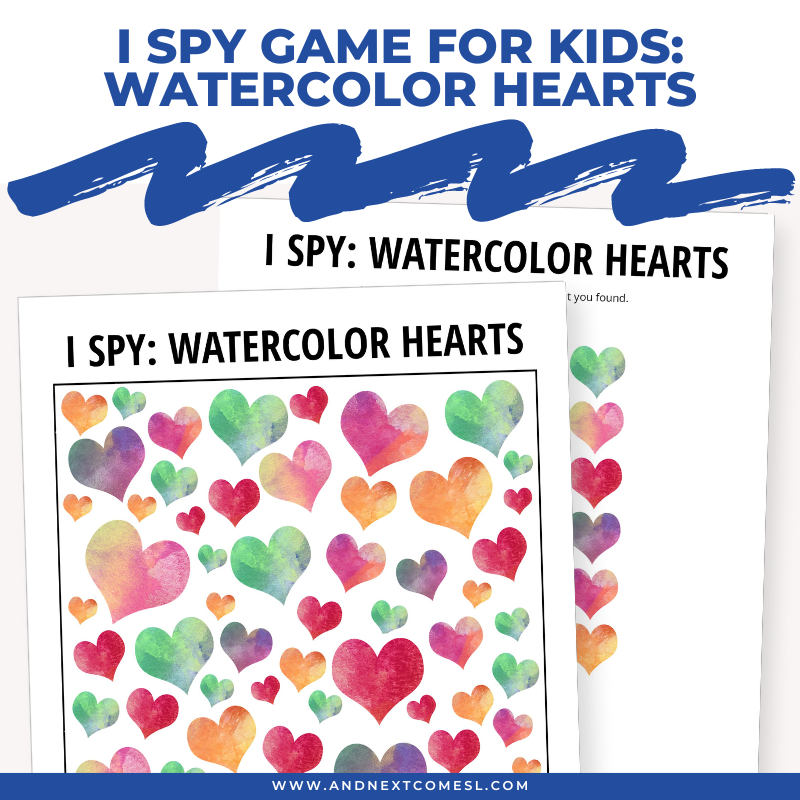 Printable Valentine's Day watercolor hearts I spy game for kids