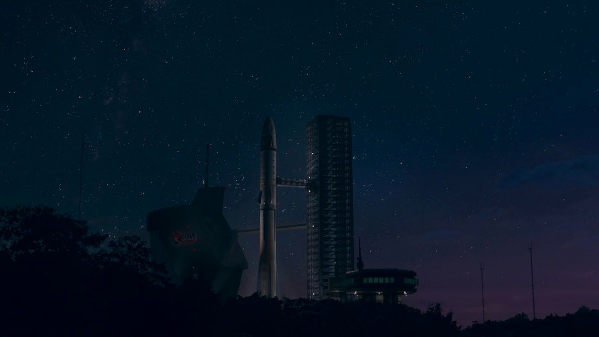 Rocket launch platform on Earth at night