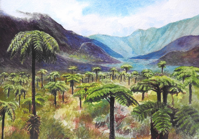 Watercolour of an imaginary landscape of Réunion island tree ferns and blue mountains behind, by William Walkington in 1996