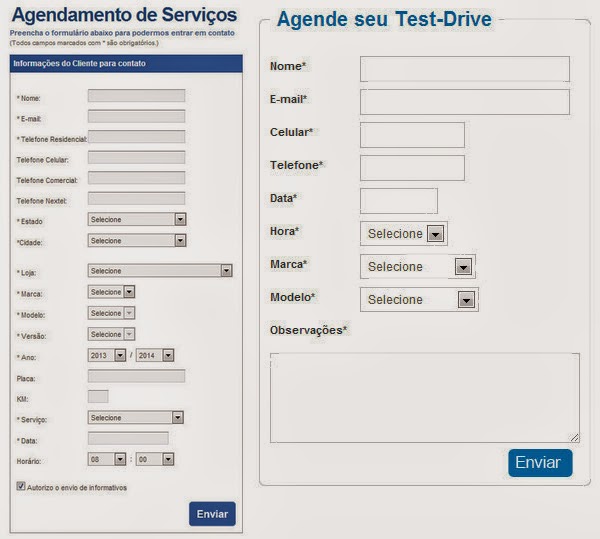 Template para as Concessionárias - Print do Agendamento de Serviços e do Test-Drive