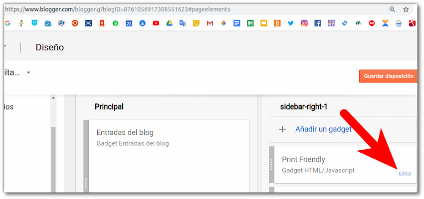 Cambiando el botón de "Print Friendly & PDF" el cual había añadido a mi Blog de Blogger