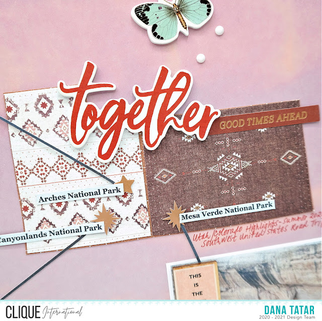 Southwest Road Trip Vacation Scrapbook Layout with DIY State Shaped Embellishments cut from Patterned Paper