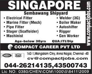 Fitter,stager,machinist for Singapore