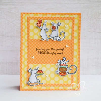 A handmade Birthday card with Polta dot and checked patter paper with cute mouse images