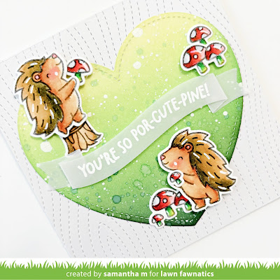 You're So Por-Cute-Pine Card by Samantha M for Lawn Fawnatics Challenge, Lawn Fawn, Distress Inks, Die Cutting, Shape Card, Porcupines, Valentine, Love Card, Woodgrain #lawnfawnatics #lawnfawn #valentine #love #heartcard #cardmaking #handmadecards