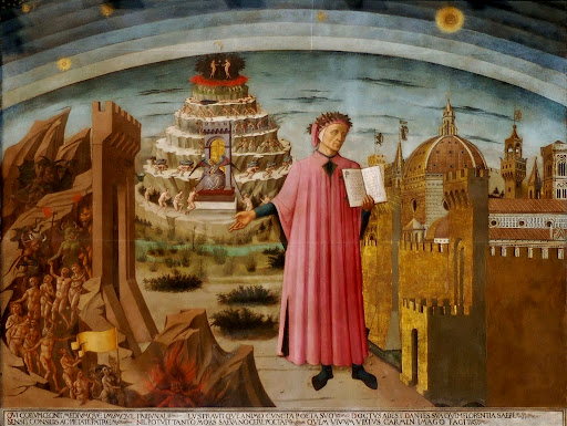 Representación de la cúpula de Santa María del Fiore en la obra Dante y su poema, de Domenico di Michelino, 1465. Se observa el tambor todavía sin su revestimiento.