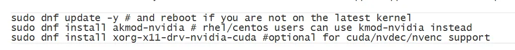 شاشة طرفية (Terminal) تعرض أوامر لتثبيت تعريفات Nvidia على نظام فيدورا لينكس