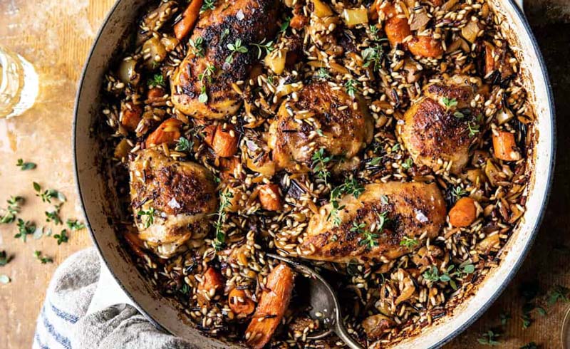 One-Pot Lemon Rosemary Dijon Chicken and Butter Toasted Rice Pilaf