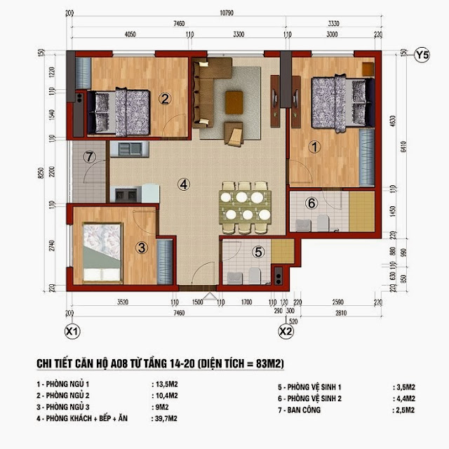 Mặt bằng Căn hộ A08 = 83m2 - Tầng 14-20 - Dự án Chung cư Bộ Công An - Tòa A(Star A) - Số 283 Khương Trung