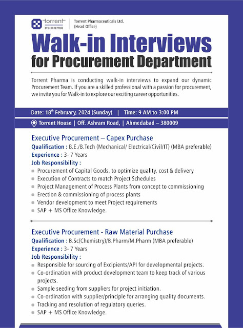 Torrent Pharma Walk-in Interviews For Procurement Department