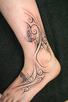 Tribal and Butterfly Tattoo Design on Foot