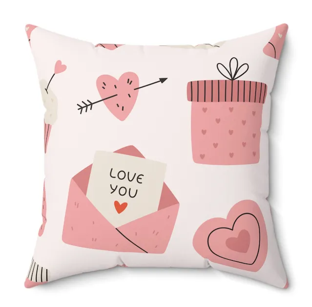 Spun Polyester Square Pillow With Cute Pink Valentine Pattern Love You Text Inside Envelope and Hearts