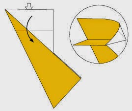 Bước 5: Từ vị trí mũi tên ta mở ra và kéo, gấp mép giấy xuống phía dưới.