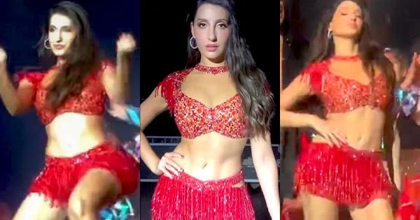 nora fatehi red outfit navel legs tour