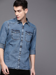 Men Blue Slim Fit Solid Casual Denim Shirt