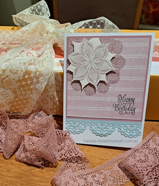 #CTMHVandra, Colour Dare Challenge, coquette, #ctmhCosette, stamping, lace, doily, sponging, thin cuts, birthday card, happy birthday, 3D Foam,