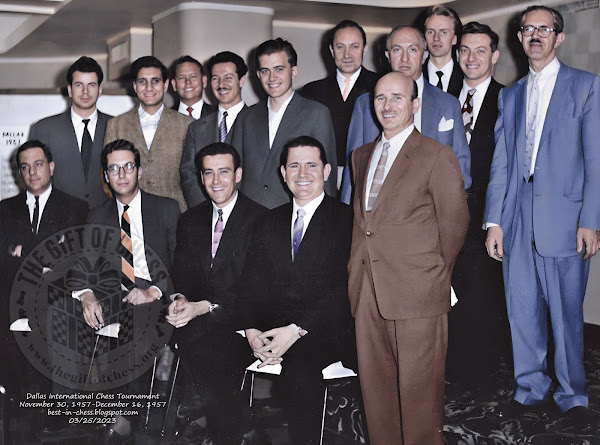 Dallas International Chess Tournament, November 30, 1957-December 16, 1957. Emile Gilutin, Fred Tears, ? Landrum, Jerry Spann, Samuel Reshevsky, Pal Benko, Larry Evans, Kenneth Smith, Svetozar Gligoric, Bent Larsen, Laszlo Szabo, Miguel Najdorf, Fridrik Olafsson, Abe Yanofsky and Isaac Kashdan.