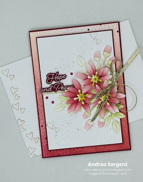 Creating a Christmas card using non-traditional supplies such as the Paper Florist dies is a fun challenge. Try using the dies with a Cherry Cobbler colour combo with the Hope and Peace stamp set.