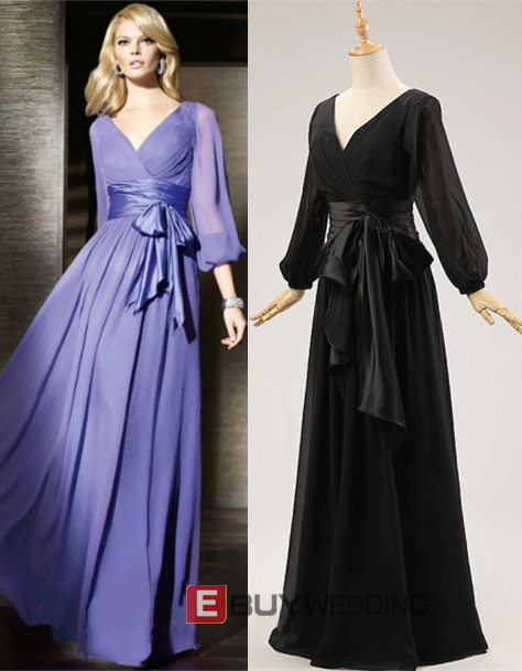 Elegant V-Neck Long Chiffon Black Mother Dresses with Long Sleeves