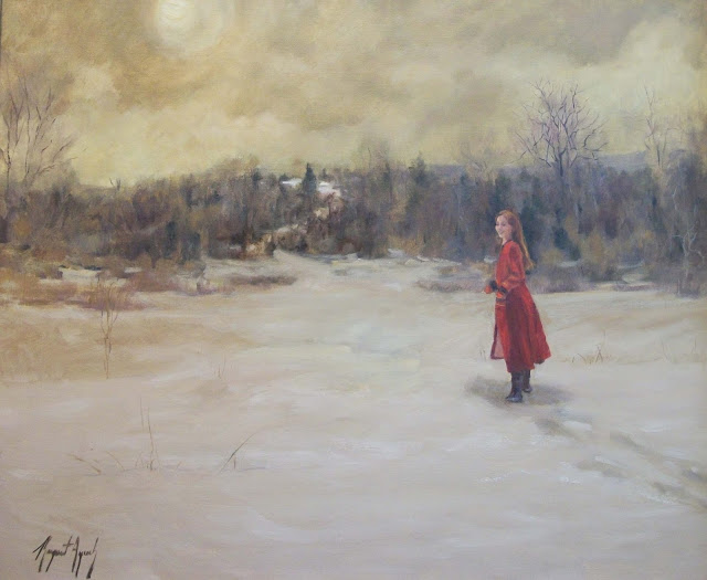 Red Coat Girl in Snow, oil painting