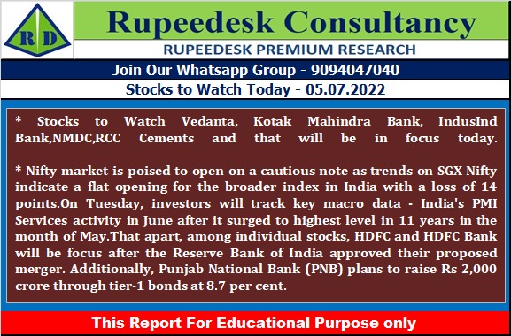 Stock to Watch Today - Rupeedesk Reports - 05.07.2022